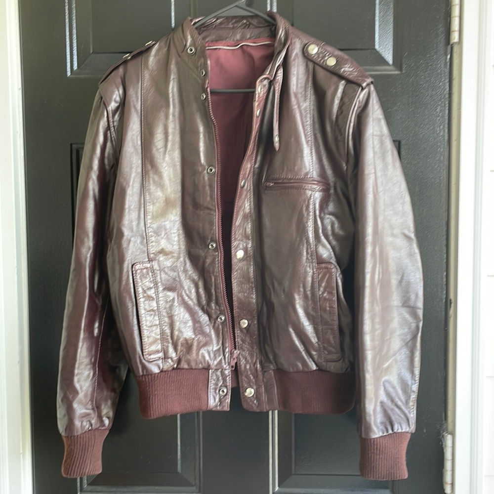 Maroon 80s vintage faux leather moto jacket with button and zipper closures